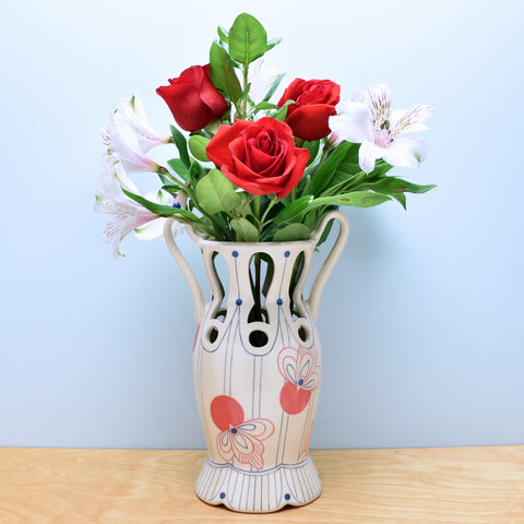 Pierced Vase w. Mod Floral in Red & Navy