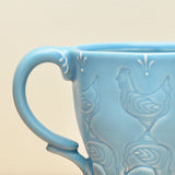 Stamped mug, Hens in Aqua