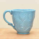 Stamped mug, Hens in Aqua