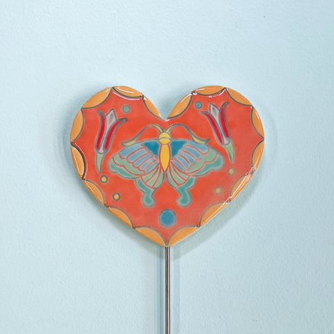 Plant Stake, Orange Heart w. Butterfly