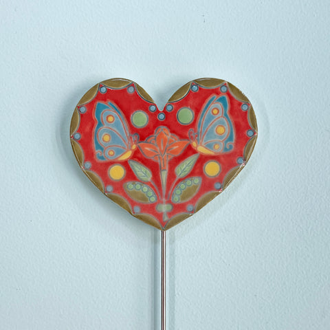 Plant Stake, Red Heart w. Butterflies