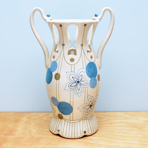 Pierced Vase w. Mod Floral in Blues